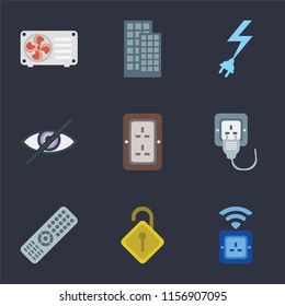 Set Of 9 simple icons such as Socket, Locked, Remote, Plug, Blind, Power, Smart home, Air conditioner, can be used for mobile, pixel perfect vector icon pack on black background