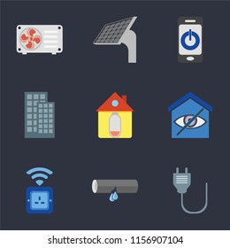 Set Of 9 simple icons such as Plug, Leak, Socket, Smart home, Home, Smartphone, Panel, Air conditioner, can be used for mobile, pixel perfect vector icon pack on black background