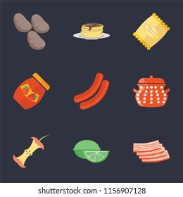 Set Of 9 simple icons such as Bacon, Lime, Apple, Pot, Sausage, Jam, Chips, Pancakes, Potatoes, can be used for mobile, pixel perfect vector icon pack on black background