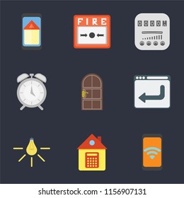 Set Of 9 simple icons such as Mobile, Home, Light, Browser, Door, Alarm, Meter, Fire alarm, Smart home, can be used for mobile, pixel perfect vector icon pack on black background