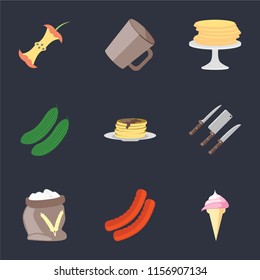 Set Of 9 simple icons such as Ice cream, Sausage, Flour, Knives, Pancakes, Cucumber, Mug, Apple, can be used for mobile, pixel perfect vector icon pack on black background