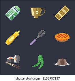 Set Of 9 simple icons such as Pudding, Peas, Sushi, Pie, Whisk, Mustard, Biscuit, Tea, Pickles, can be used for mobile, pixel perfect vector icon pack on black background