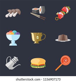 Set Of 9 simple icons such as Jawbreaker, Hamburguer, Teapot, Pudding, Tea, Ice cream, Kebab, Sushi, Mushrooms, can be used for mobile, pixel perfect vector icon pack on black background