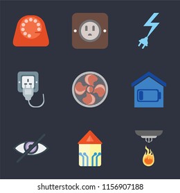 Set Of 9 simple icons such as Sensor, Smart home, Blind, Fan, Plug, Power, Dial, can be used for mobile, pixel perfect vector icon pack on black background
