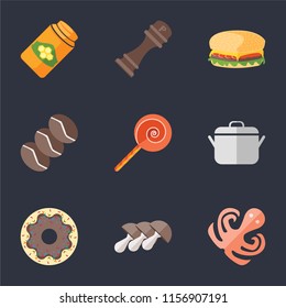 Set Of 9 simple icons such as Octopus, Mushrooms, Doughnut, Pot, Jawbreaker, Coffee, Hamburguer, Pepper, Honey, can be used for mobile, pixel perfect vector icon pack on black background