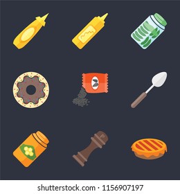 Set Of 9 simple icons such as Pie, Pepper, Honey, Spoon, Seeds, Doughnut, Pickles, Mustard, can be used for mobile, pixel perfect vector icon pack on black background