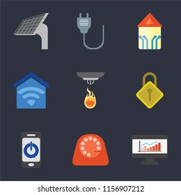 Set Of 9 simple icons such as Dashboard, Dial, Smartphone, Locking, Sensor, Smart home, Plug, Panel, can be used for mobile, pixel perfect vector icon pack on black background