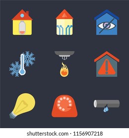 Set Of 9 simple icons such as Leak, Dial, Light, Smart home, Sensor, Temperature, Home, can be used for mobile, pixel perfect vector icon pack on black background