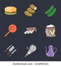 Set Of 9 simple icons such as Teapot, Grinder, Knives, Flour, Mushrooms, Jawbreaker, Cucumber, Potatoes, Hamburguer, can be used for mobile, pixel perfect vector icon pack on black background