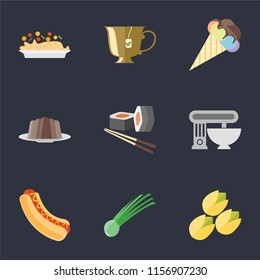 Set Of 9 simple icons such as Pistachio, Chives, Hot dog, Mixer, Sushi, Pudding, Ice cream, Tea, Risotto, can be used for mobile, pixel perfect vector icon pack on black background