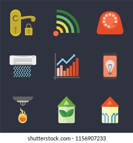Set Of 9 simple icons such as Smart home, Eco Sensor, Mobile, Chart, Air conditioner, Dial, Wifi, Handle, can be used for mobile, pixel perfect vector icon pack on black background