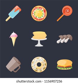 Set Of 9 simple icons such as Hamburguer, Doughnut, Mug, Mushrooms, Pancakes, Ice cream, Jawbreaker, Pizza, can be used for mobile, pixel perfect vector icon pack on black background