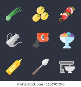 Set Of 9 simple icons such as Mixer, Spoon, Mustard, Ice cream, Seeds, Teapot, Kebab, Pistachio, Chives, can be used for mobile, pixel perfect vector icon pack on black background