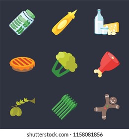 Set Of 9 simple icons such as Gingerbread, Asparagus, Olives, Ham, Cauliflower, Pie, Dairy, Mustard, Pickles, can be used for mobile, pixel perfect vector icon pack on black background