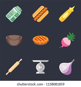 Set Of 9 simple icons such as Onion, Scale, Rolling pin, Radish, Pie, Bowl, Mustard, Hot dog, Pickles, can be used for mobile, pixel perfect vector icon pack on black background