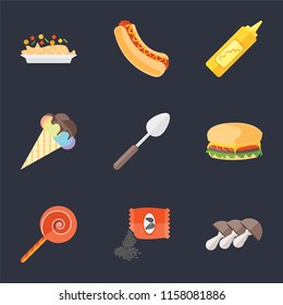 Set Of 9 simple icons such as Mushrooms, Seeds, Jawbreaker, Hamburguer, Spoon, Ice cream, Mustard, Hot dog, Risotto, can be used for mobile, pixel perfect vector icon pack on black background