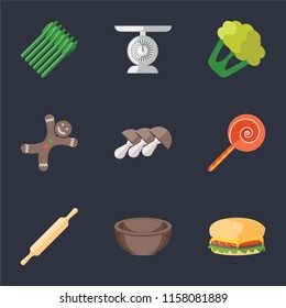 Set Of 9 simple icons such as Hamburguer, Bowl, Rolling pin, Jawbreaker, Mushrooms, Gingerbread, Cauliflower, Scale, Asparagus, can be used for mobile, pixel perfect vector icon pack on black