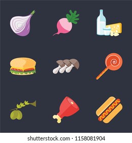 Set Of 9 simple icons such as Hot dog, Ham, Olives, Jawbreaker, Mushrooms, Hamburguer, Dairy, Radish, Onion, can be used for mobile, pixel perfect vector icon pack on black background