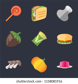 Set Of 9 simple icons such as Jelly, Pumpkin, Mushrooms, Hamburguer, Pasta, Hazelnut, Salt, Taco, Jawbreaker, can be used for mobile, pixel perfect vector icon pack on black background