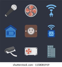 Set Of 9 simple icons such as Smart home, Air conditioner, Security camera, Socket, Plug, Wireless, Fan, Microphone, can be used for mobile, pixel perfect vector icon pack on black