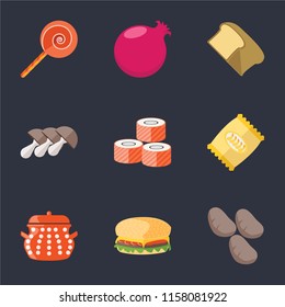 Set Of 9 simple icons such as Potatoes, Hamburguer, Pot, Chips, Sushi, Mushrooms, Bread, Pomegranate, Jawbreaker, can be used for mobile, pixel perfect vector icon pack on black background