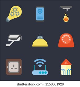 Set Of 9 simple icons such as Smart home, Modem, Plug, Dial, Lightbulb, Cctv, Sensor, Remote, Smart, can be used for mobile, pixel perfect vector icon pack on black background