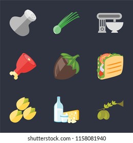 Set Of 9 simple icons such as Olives, Dairy, Pistachio, Taco, Hazelnut, Ham, Mixer, Chives, Salt, can be used for mobile, pixel perfect vector icon pack on black background