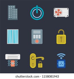 Set Of 9 simple icons such as Socket, Handle, Air conditioner, Unlock, Intercom, Window, Power, Smart home, can be used for mobile, pixel perfect vector icon pack on black background