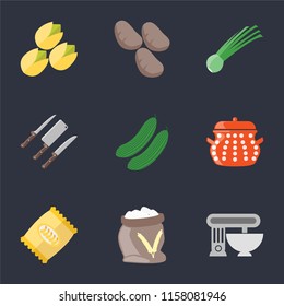 Set Of 9 simple icons such as Mixer, Flour, Chips, Pot, Cucumber, Knives, Chives, Potatoes, Pistachio, can be used for mobile, pixel perfect vector icon pack on black background
