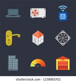 Set Of 9 simple icons such as Garage, Meter, Smart home, Cooler, Home, Doorknob, Socket, Air conditioner, Laptop, can be used for mobile, pixel perfect vector icon pack on black background