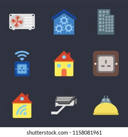 Set Of 9 simple icons such as Lightbulb, Cctv, Home, Plug, Socket, Smart home, Air conditioner, can be used for mobile, pixel perfect vector icon pack on black background