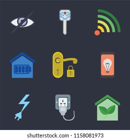 Set Of 9 simple icons such as Smart home, Plug, Power, Mobile, Handle, Wifi, key, Blind, can be used for mobile, pixel perfect vector icon pack on black background