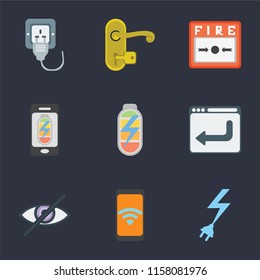 Set Of 9 simple icons such as Power, Mobile, Blind, Browser, Mobile phone, Fire alarm, Handle, Plug, can be used for mobile, pixel perfect vector icon pack on black background