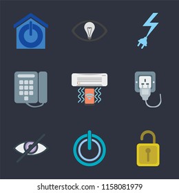 Set Of 9 simple icons such as Unlock, Power, Blind, Plug, Air conditioner, Dial, Smart, Smart home, can be used for mobile, pixel perfect vector icon pack on black background
