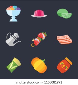 Set Of 9 simple icons such as Jam, Pumpkin, Pasta, Bacon, Kebab, Teapot, Lime, Jelly, Ice cream, can be used for mobile, pixel perfect vector icon pack on black background