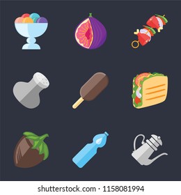 Set Of 9 simple icons such as Teapot, Water, Hazelnut, Taco, Ice cream, Salt, Kebab, Fig, can be used for mobile, pixel perfect vector icon pack on black background