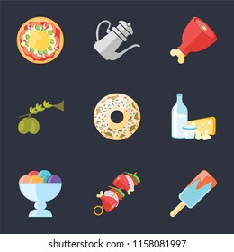 Set Of 9 simple icons such as Ice cream, Kebab, Dairy, Doughnut, Olives, Ham, Teapot, Pizza, can be used for mobile, pixel perfect vector icon pack on black background