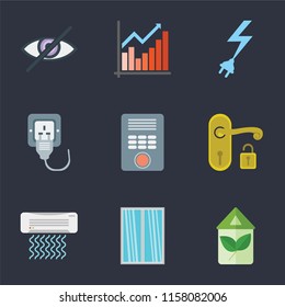 Set Of 9 simple icons such as Eco home, Window, Air conditioner, Handle, Intercom, Plug, Power, Chart, Blind, can be used for mobile, pixel perfect vector icon pack on black background