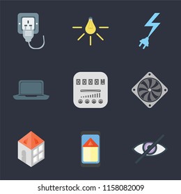 Set Of 9 simple icons such as Blind, Smart home, Home, Cooler, Meter, Laptop, Power, Light, Plug, can be used for mobile, pixel perfect vector icon pack on black background