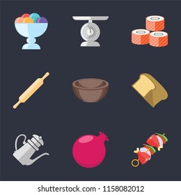Set Of 9 simple icons such as Kebab, Pomegranate, Teapot, Bread, Bowl, Rolling pin, Sushi, Scale, Ice cream, can be used for mobile, pixel perfect vector icon pack on black background