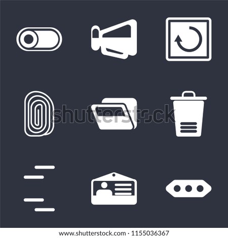 Set Of 9 simple icons such as More, Id card, Trash, Folder, Fingerprint, Restart, Megaphone, Switch, can be used for mobile, pixel perfect vector icon pack on black background