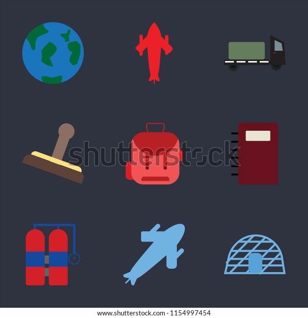 Set Of\
9 simple icons such as Igloo, Plane, Aqualung, Notebook, Backpack,\
Stamp, Trailer, Airplane, Travel, can be used for mobile, pixel\
perfect vector icon pack on black\
background