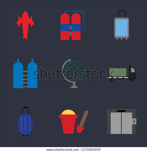 Set Of 9 simple icons such as Elevator, Sand\
bucket, Luggage, Trailer, Globe, Oxygen, Suitcases, Aqualung,\
Airplane, can be used for mobile, pixel perfect vector icon pack on\
black background