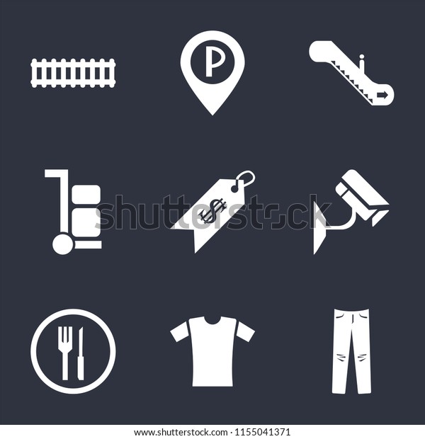 Set Of 9\
simple icons such as Jeans, Shirt, Restaurant, Cctv, Price,\
Trolley, Escalator, Parking, Train, can be used for mobile, pixel\
perfect vector icon pack on black\
background