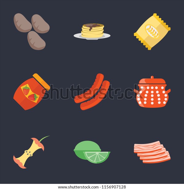 Set Of 9 simple\
icons such as Bacon, Lime, Apple, Pot, Sausage, Jam, Chips,\
Pancakes, Potatoes, can be used for mobile, pixel perfect vector\
icon pack on black\
background