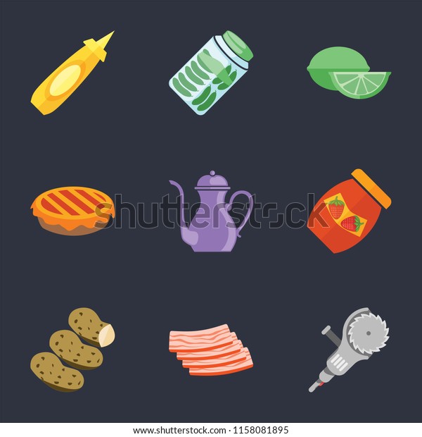 Set Of 9 simple\
icons such as Grinder, Bacon, Potatoes, Jam, Teapot, Pie, Lime,\
Pickles, Mustard, can be used for mobile, pixel perfect vector icon\
pack on black background