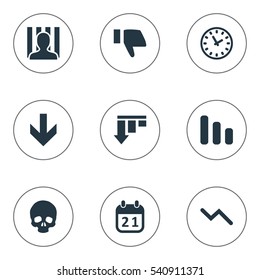 Set Of 9 Simple Impasse Icons. Can Be Found Such Elements As Bar Graph, Agenda, Clock And Other.