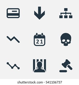 Set Of 9 Simple Impasse Icons. Can Be Found Such Elements As Graph Decreases, Tribunal, Agenda And Other.