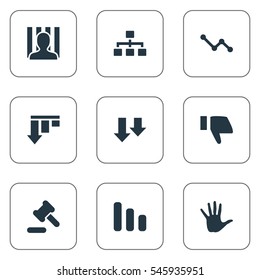 Set Of 9 Simple Impasse Icons. Can Be Found Such Elements As Palm, Net, Graph Decreases And Other.