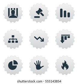 Set Of 9 Simple Impasse Icons. Can Be Found Such Elements As Bar Graph, Penitentiary, Downward And Other.